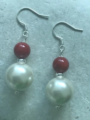 Red Bamboo Coral & Large Shell Pearls Earrings 925 Sterling Silver - Free P&P - Image 1 of 3