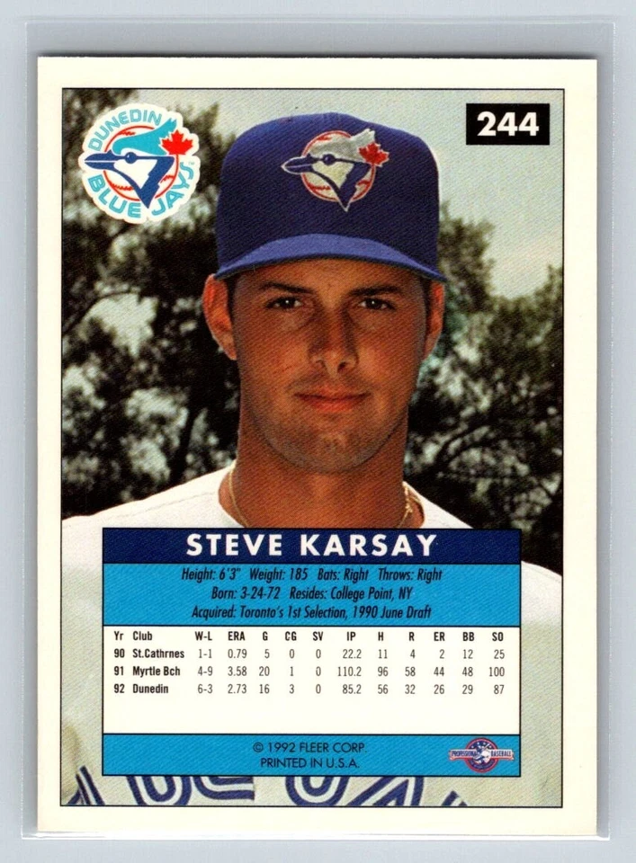 1992-93 Fleer Excel #244 Steve Karsay Dunedin Blue Jays - Image 2 of 2