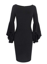 VFShow Cocktail Evening Dress Black Form Fitting 3/4 Ruffle Bell Sleeve Ladies M