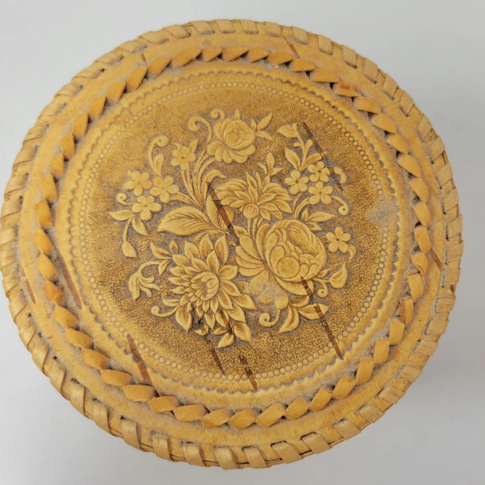 Caja de baratija redonda vintage de corteza de abedul talla floral recuerdo organizador de joyas Foto 2 de 4