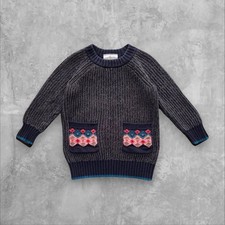 Hanna Andersson Baby Girls Heathered Navy Blue Fair Isle Pocket Sweater 12-18M