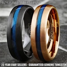 Tungsten Carbide Blue Fishing Line 7mm Brushed Band - Black or Rose Gold Plated