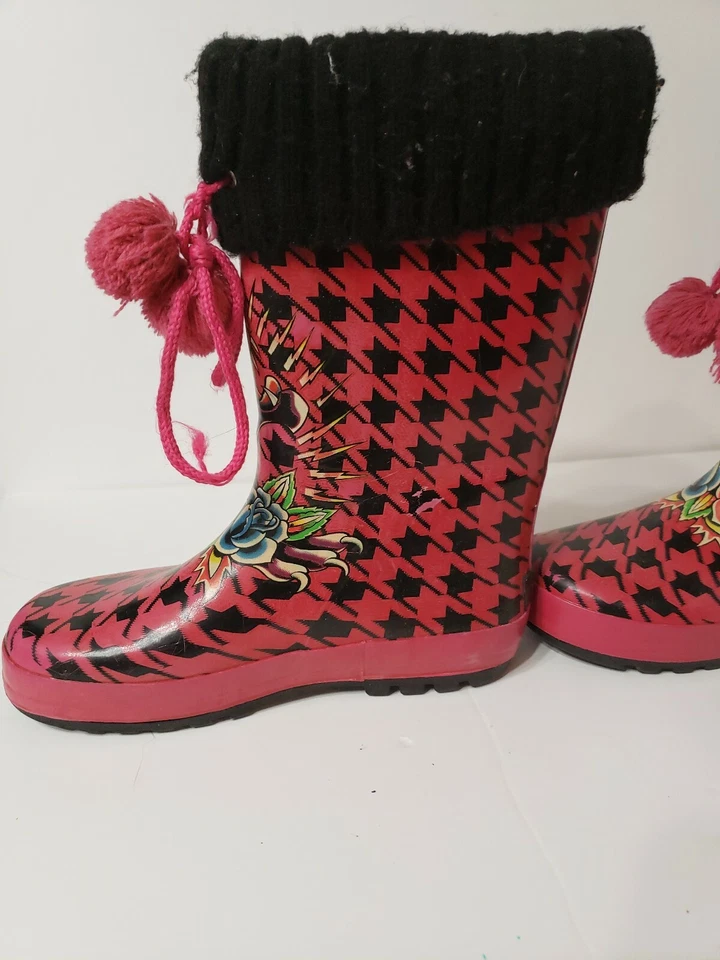 Botas de Lluvia Ed Hardy Rojo Tigre Goma Pom Pom Talla 2 Foto 2 de 4