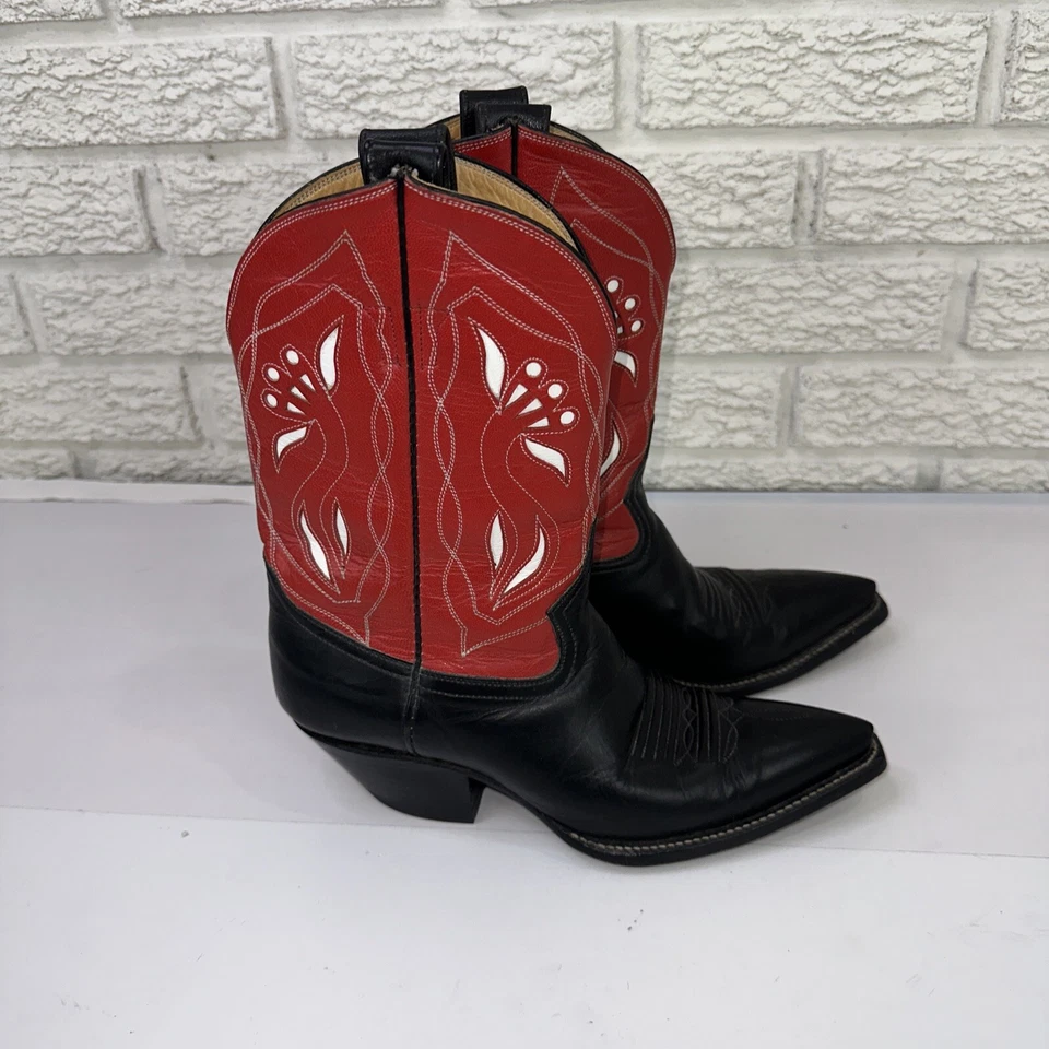 Botas de Vaquero Rocketbuster Pee Wee - Para Mujer Talla 5 Negro Rojo Con Incrustaciones Usadas en Excelente Condición Foto 2 de 4
