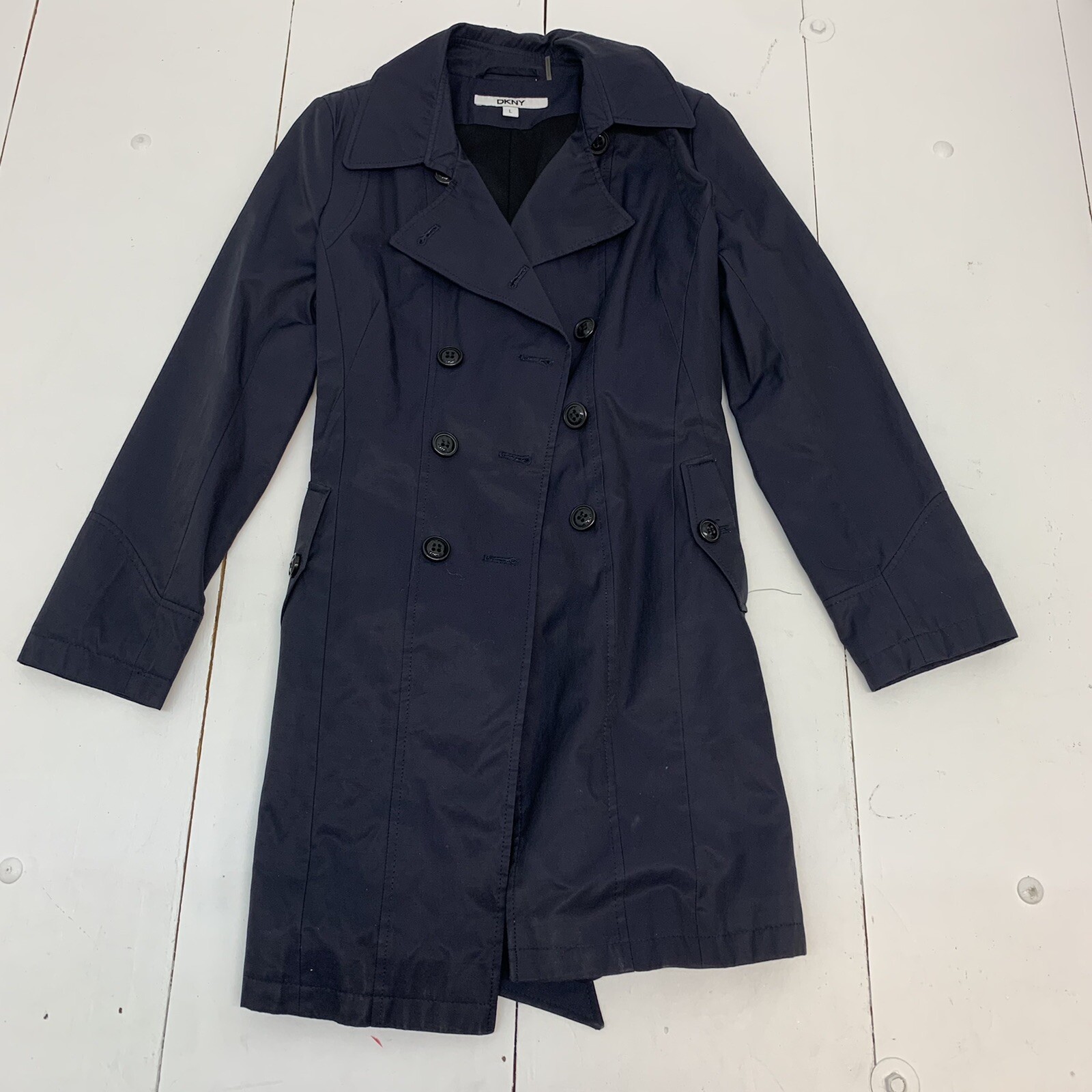 DKNY Womens Navy Blue Trench Coat Size Large Gem
