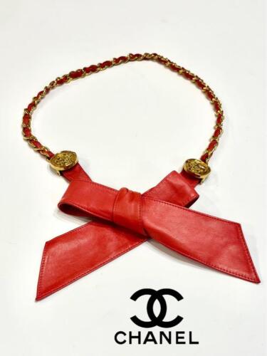Chanel authentic leather chain belt ribbon red logo matelasse length 132cm used