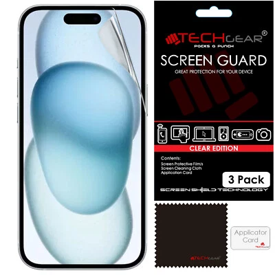 3 Pack TECHGEAR CLEAR Screen Protector Guards for Apple iPhone 16 & 15 6.1"