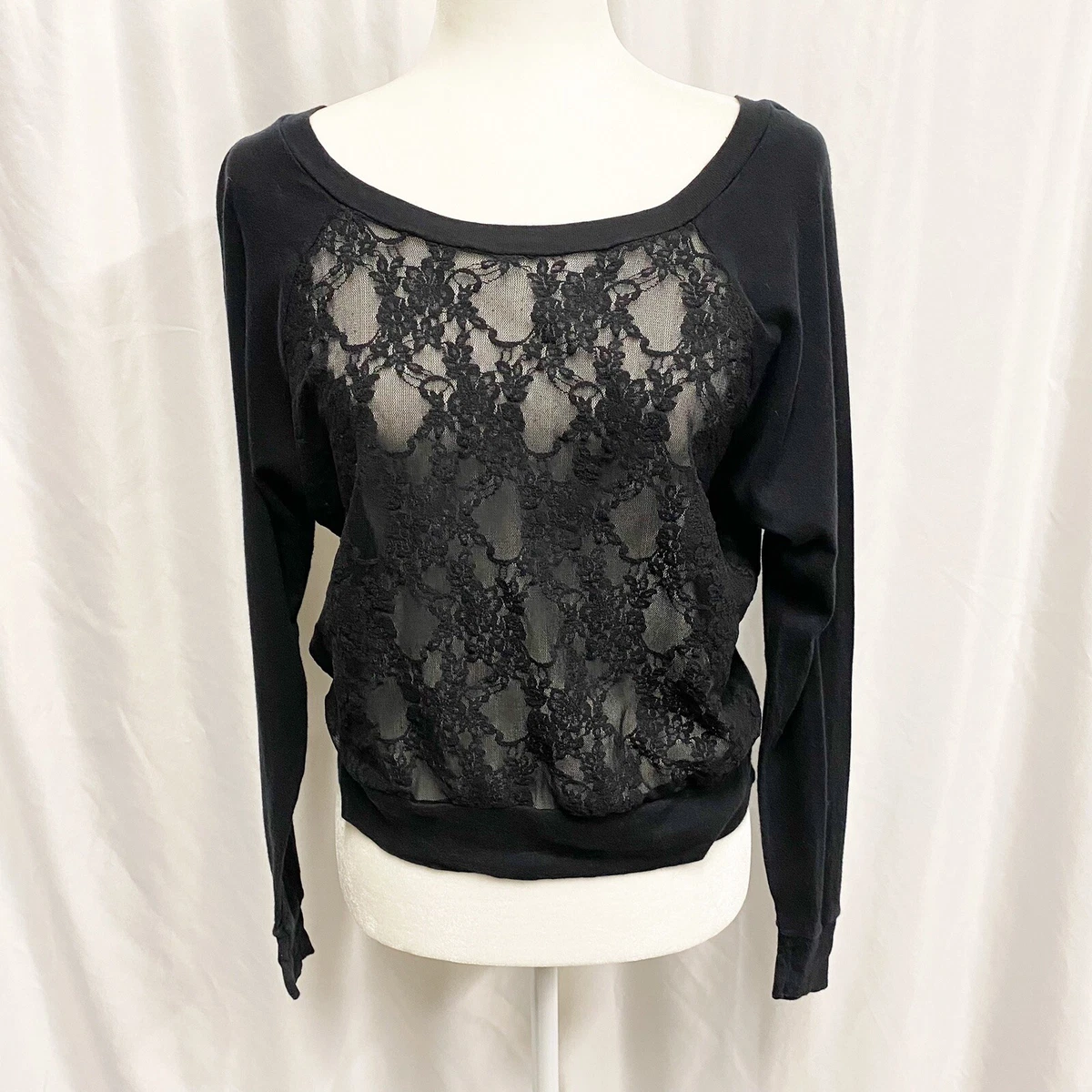 American Apparel Black Lace Raglan Sleeve Top Size Small