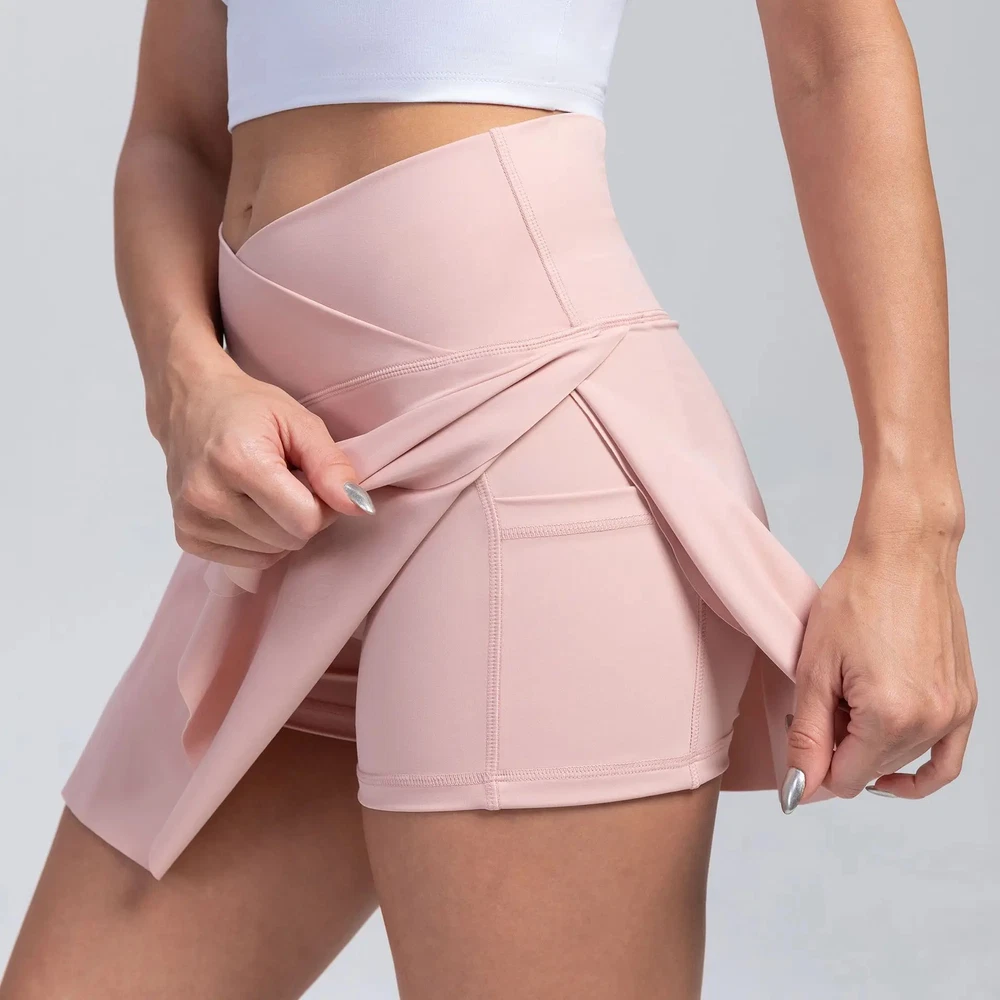 Pleated Tennis Skirt with Pockets Shorts Athletic Skirts Crossover High Waisted