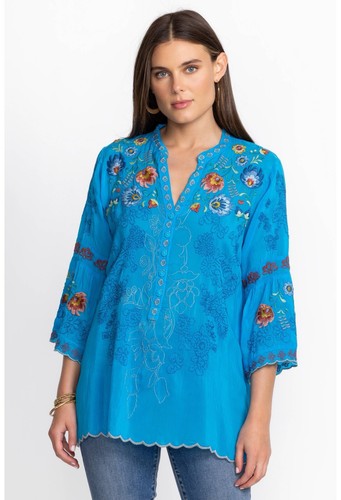 NEW Johnny Was Maverick Blouse Blue Rayon Multi Embroidery Small NWT$295
