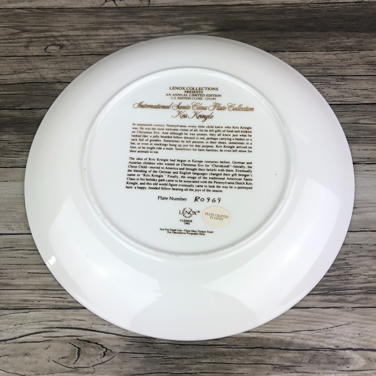 Lenox Collections 1992 Santa Claus Plate Collection Kris