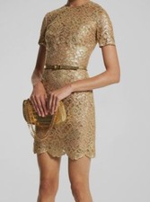 $2490 Michael Kors Collections Women's Gold Laminated Metallic Lace Dress Size 8
