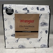 Wrangler 6 pc QUEEN Washed Soft Sheet Set Western Desert Cowboy Guitar Cactus