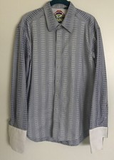 Robert Graham Men's Long Sleeve Blue White Dress Shirt Size L Large French Cuff