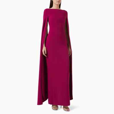 Fuchsia Prom Dresses Cloak Sleeves Boat Neck Column Prom Gowns Evening  Dress | eBay