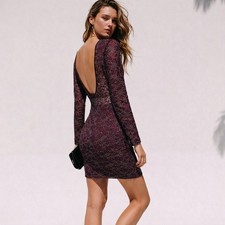 Express Y2K Floral Mesh Lace Open Back Dress Size L Burgundy Silver Metallic NWT