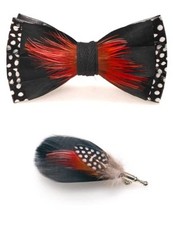 Handmade Feather Pre-tied Bow tie and Brooch Sets for Men Red/Black/White2