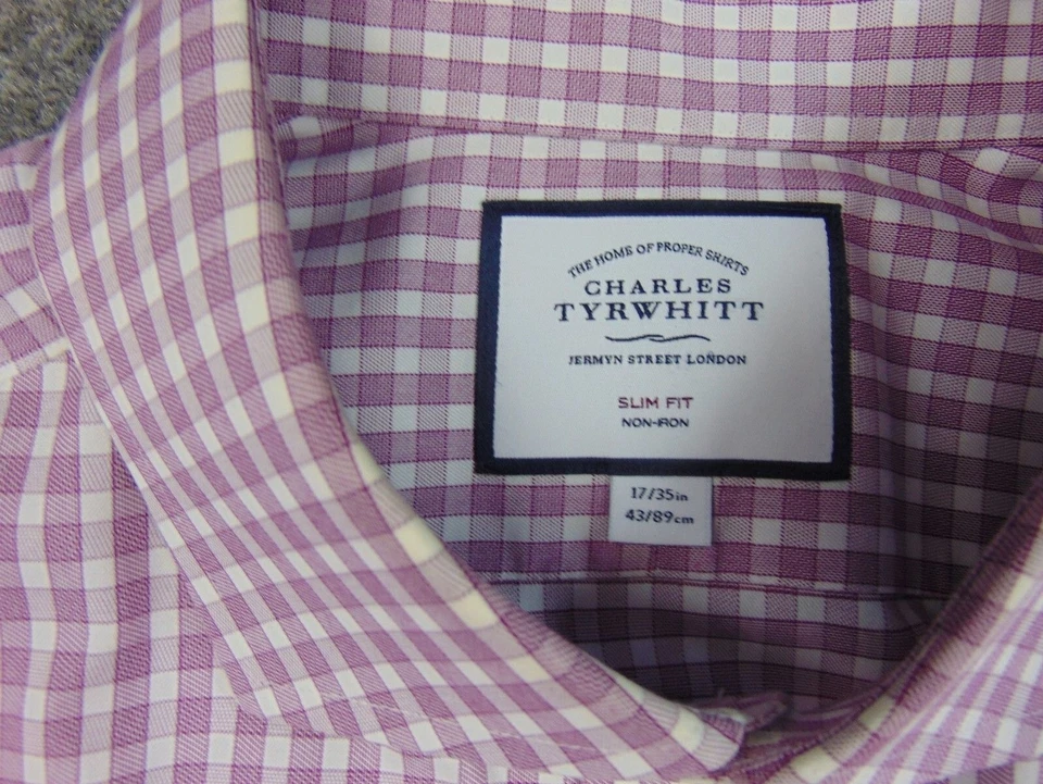 Camisa Charles Tyrwhitt Para Hombre 17x35 Calce Ajustado Púrpura Blanca Cuadros Sin Hierro Foto 4 de 4