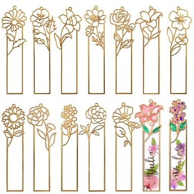 LET'S RESIN 12pcs Metal Bookmark Bezels for Resin with 12 flower, Gold