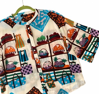Parfois Poplin Artsy Lagenlook Top Picnic Theme Boxy Fit Women s Sz M