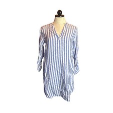 Tahari XS Blue White Striped 100% LINEN Shirt Dress Roll Tab Sleeve Pockets