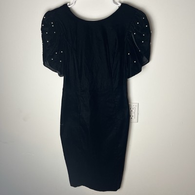 Vintage 90s After Dark Black Velvet Dress Tulip Puff Sleeve Faux Pearls 10 186