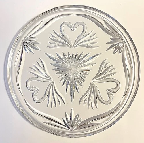 Vtg Irish WATERFORD Crystal 12" Hearts & Swans Cake Plate Platter Wedding Plate