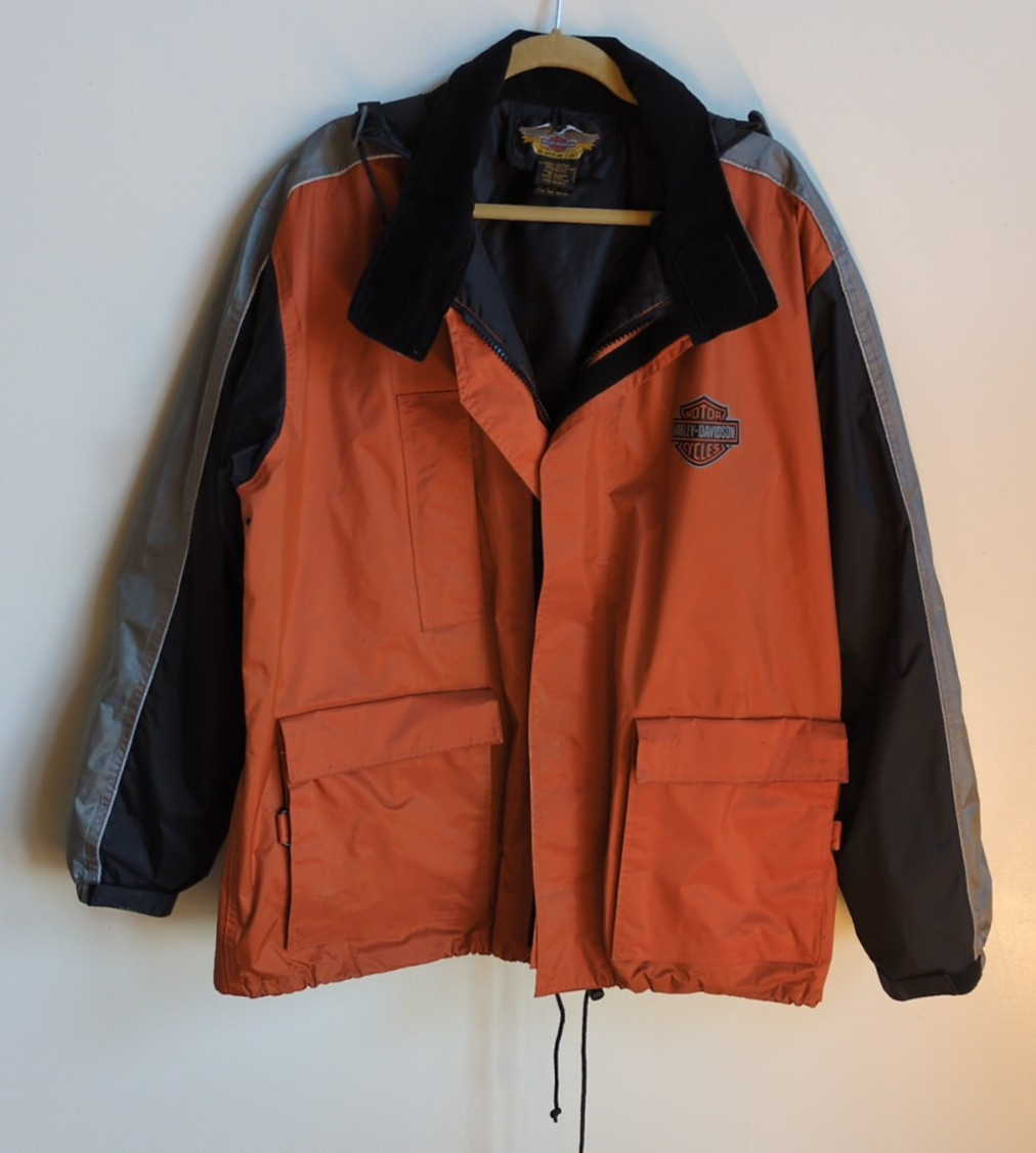 Harley Davidson Rain Suit Mens L Jacket Pants Reinforced Black Orange High Vis