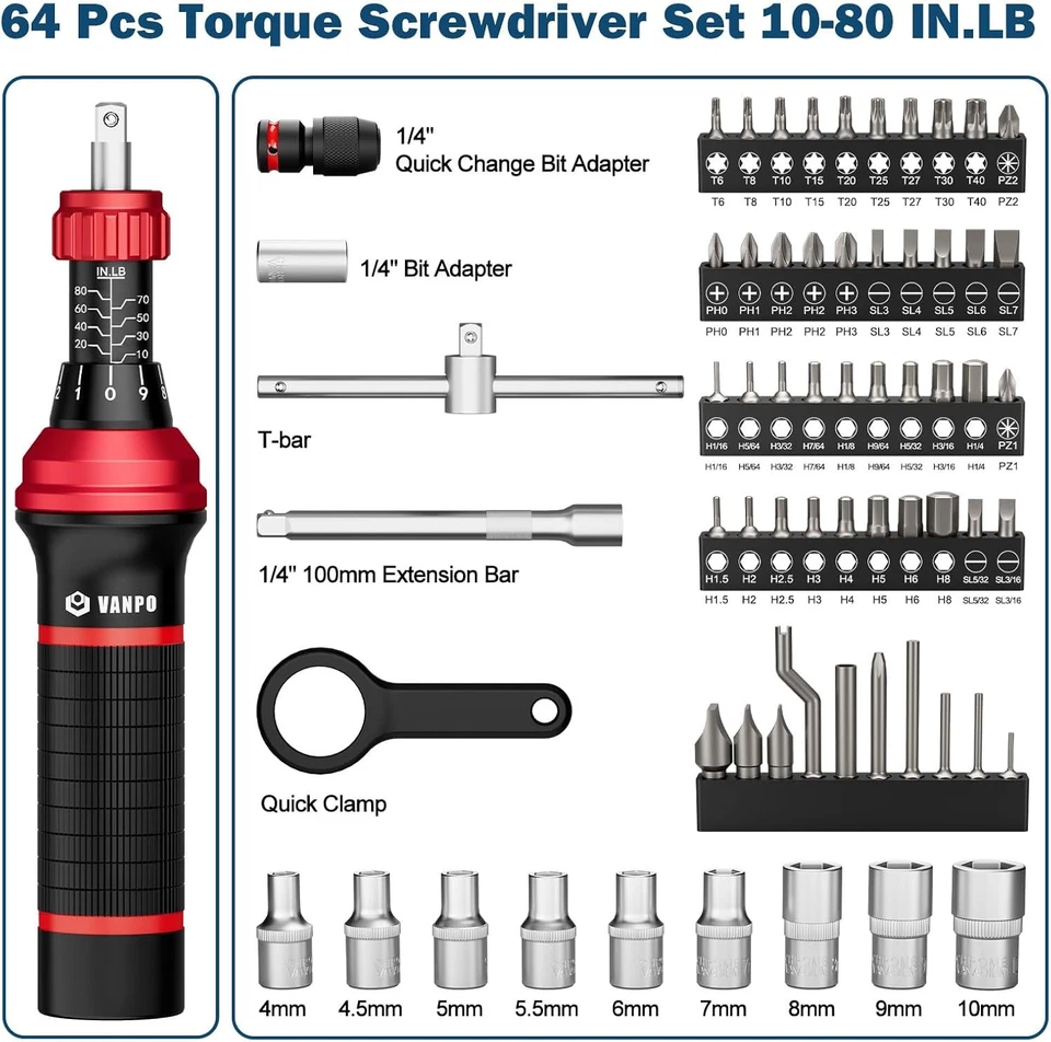 1/4" Torque Screwdriver Set, 64 Pieces 10–80 In-Lb Inch Pound Torque Wrench Scre - Image 2 of 4