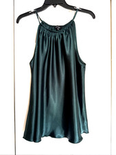 Nicole Miller~USA Made~Halter Strappy Top Forest Green Good Satin Blouse Size L
