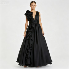 Black Ruffle Shoulder Formal Dresses V-Neck Chiffon Backless Prom Gowns Custom