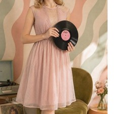 ASOS Coquette Lace Mesh Swiss Dot Midi Dress Pink Sleeveless Cocktail  US 6