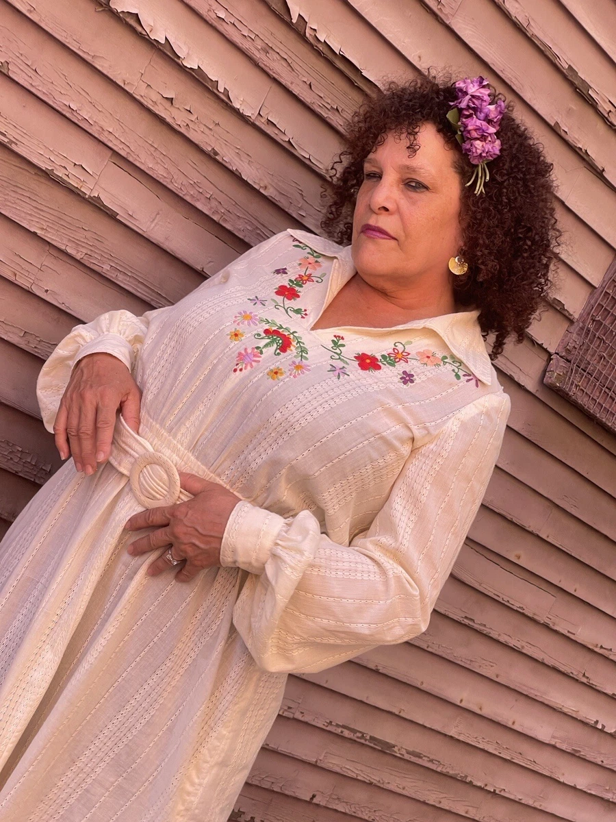 Vintage 1970s Embroidered White Gown rainbow floral plus Size XL Tall Boho Bride