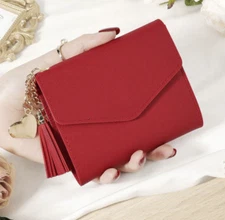 Red Women Small Clutch Leather Mini Wallet Photo Credit ID Card Holder Purse