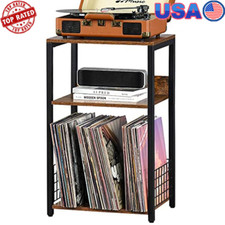 Vintage 3 Tier Record Player Stand End Table Storage 100 Album Retro Brown Shelf