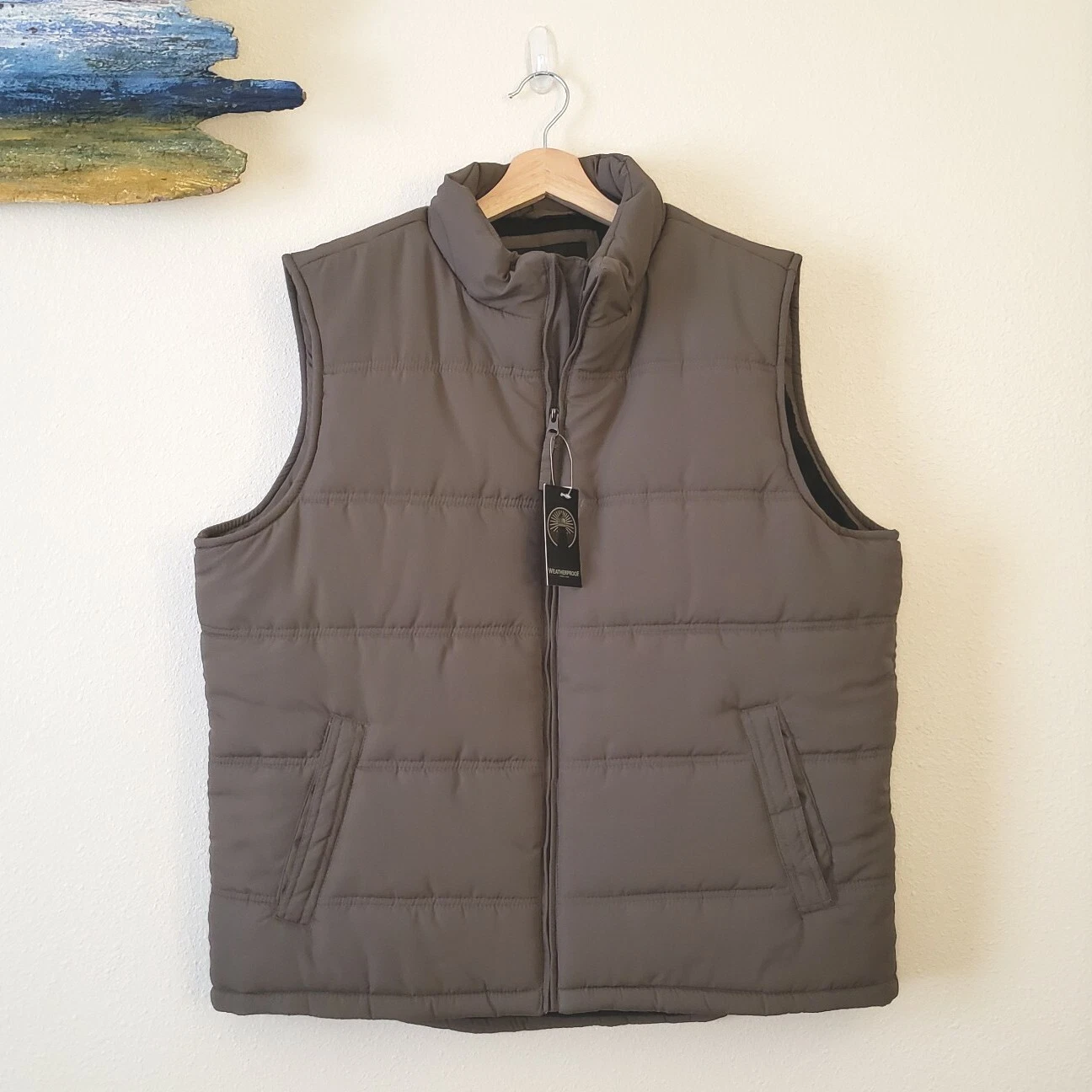 WEATHERPROOF LODEN Army Green Full Zip Puffer Vest Mens XL Pockets Fleece Lined