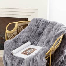 Grey Soft Real Rex Rabbit Fur Chair Throw Blanket Luxury Bedspread Queen 79x55''