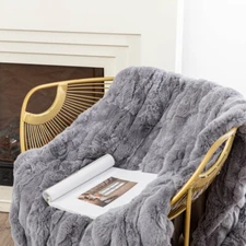 Grey Soft Real Rex Rabbit Fur Chair Throw Blanket Luxury Bedspread Queen 79x55''