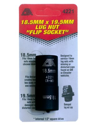 18.5mm x 19.5mm Lug Nut Flip Socket 1/2'' Drive for GM and Chrysler Cars CTA 4221
