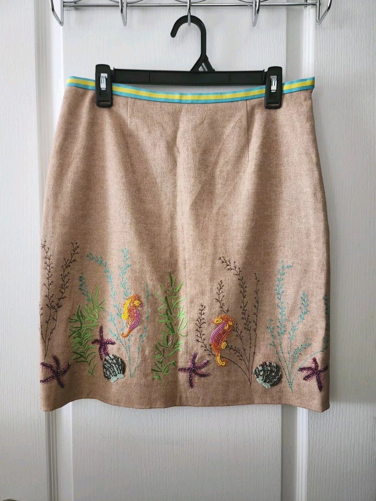 Etcetera Women's Linen Blend embroidered Skirt Sequins Sea Life Beige Size 6