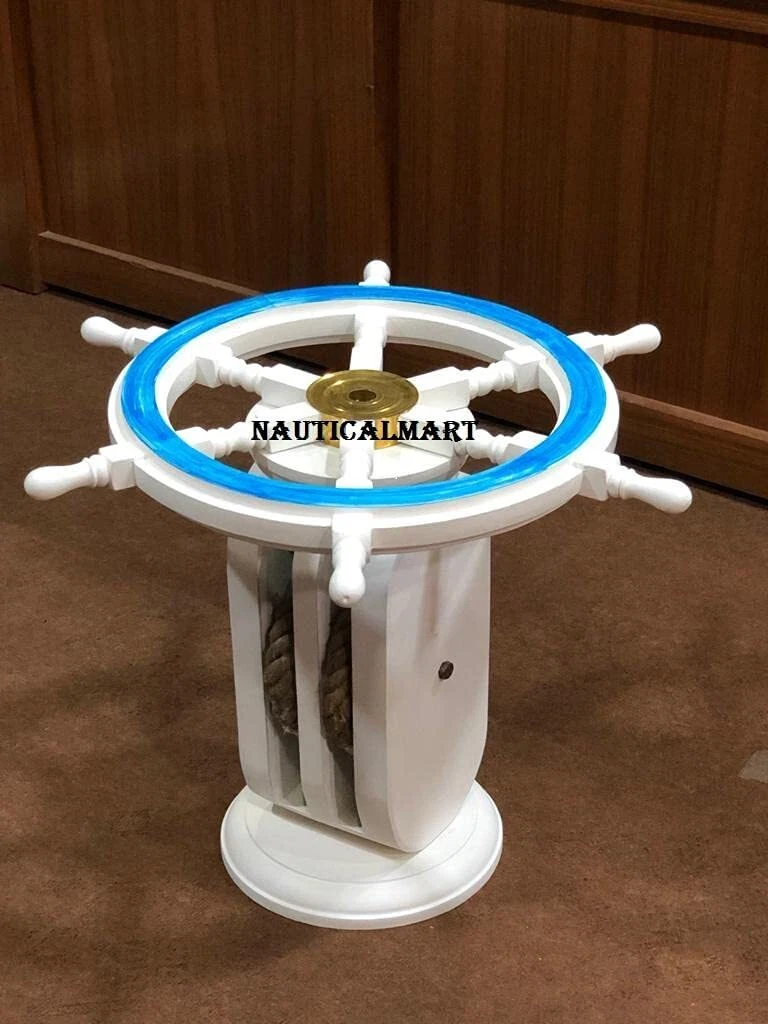 Nautical Wooden Distressed White Ship Wheel Table Home Decor