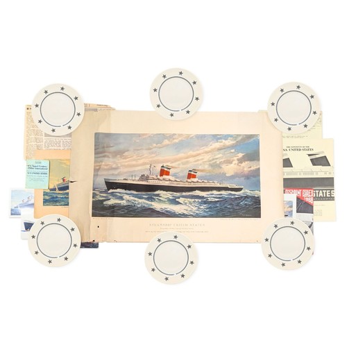SS United States Lot of 6 Bread Plates, Poster, & Assorted Emphemera