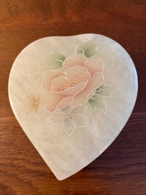 Vintage Italian Alabaster Heart Trinket Box with Floral Design