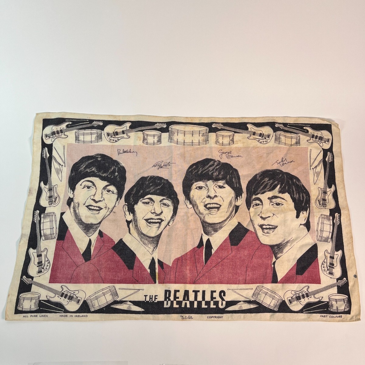 Vintage 1964 BEATLES Tea Towel Linen Ulster Ringo Lennon McCarthy