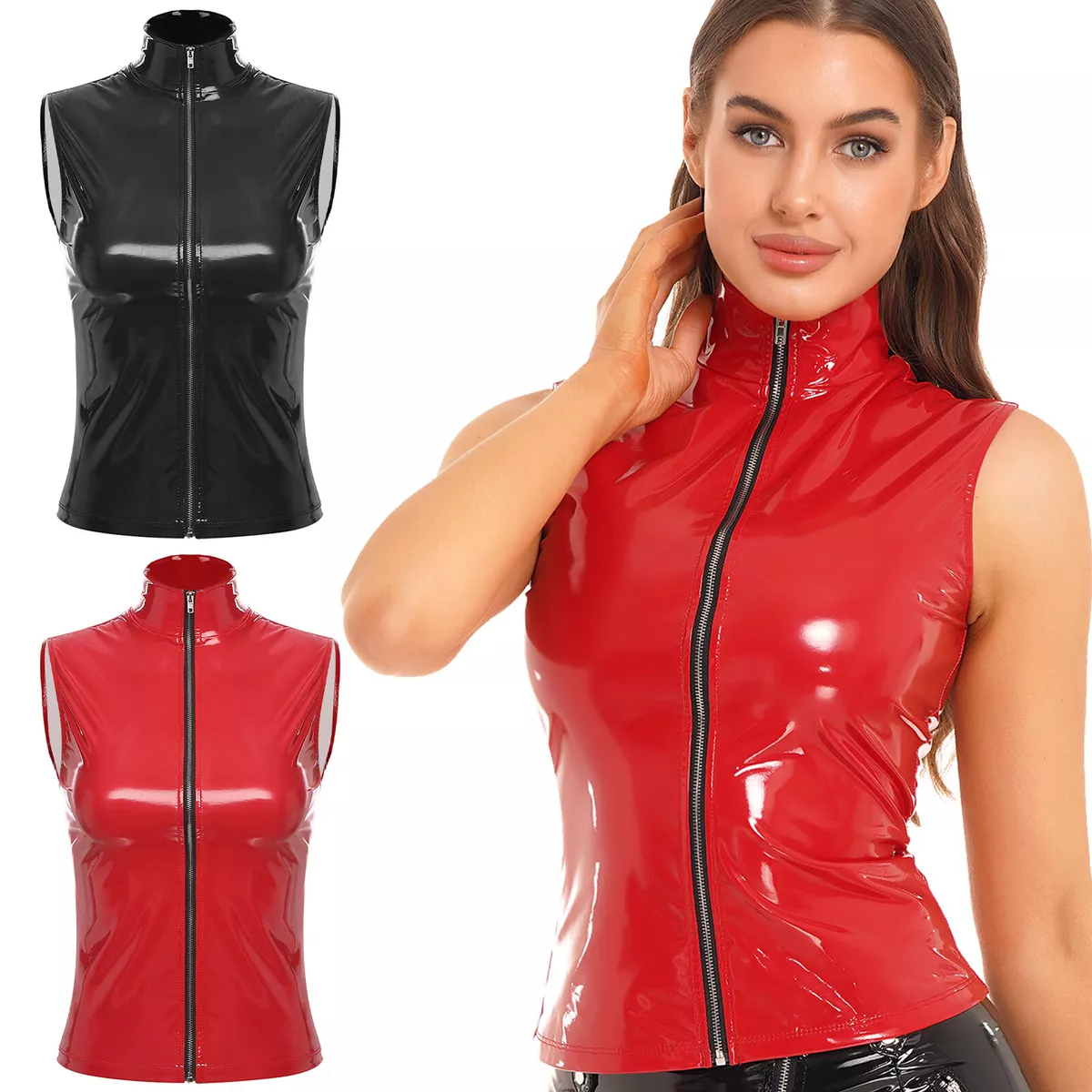 Women's Sleeveless Wet Look PVC Leather Top High Neck Front Zipper Tank Tops