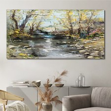 Malerei Abstrakte Bäume Fluss Blumen 140x70 Canvas Wandbild Leinwand Bilder