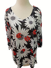 Zuriet Women's Lace Arm 3/4 Sleeve Blouse S/M Black Red Ladybug New Round Neck