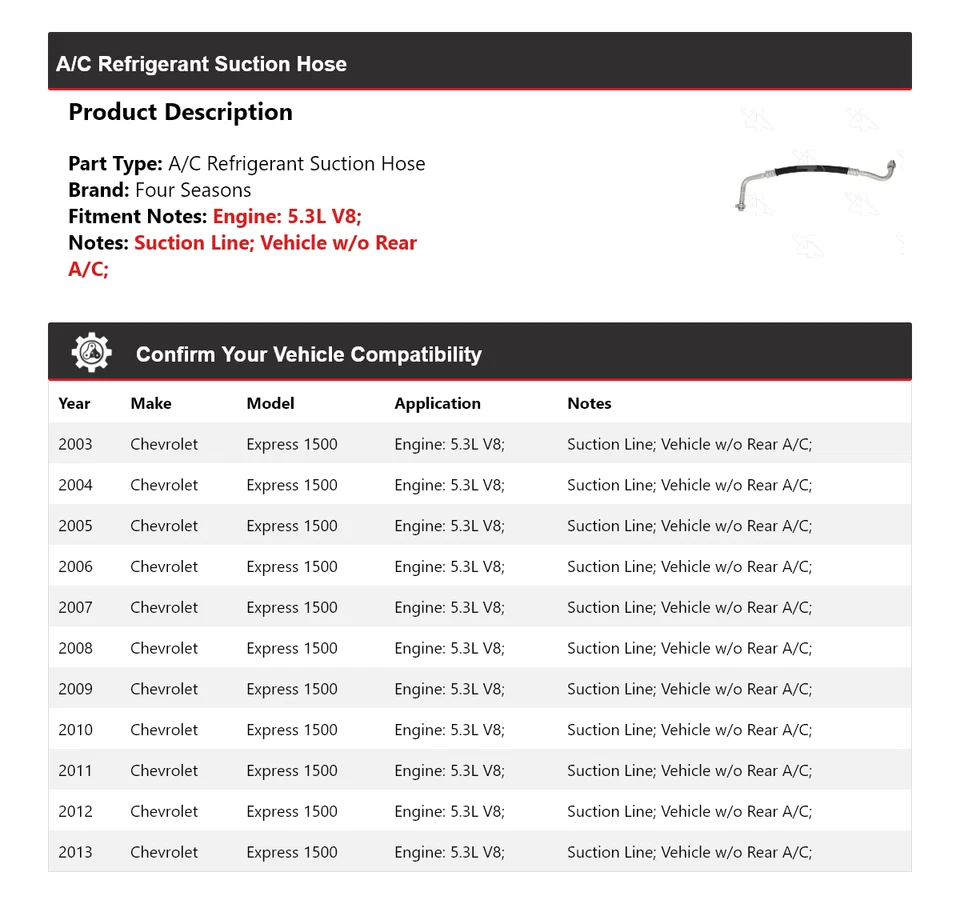 Manguera de succión de refrigerante aire acondicionado 5,3 L para Chevrolet Express 1500 2003-2013 4 estaciones Foto 2 de 4