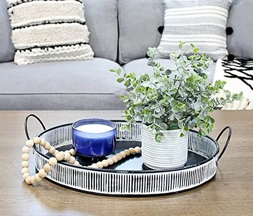 Boho Decorative Serving Tray, Distressed White Over Black Metal Tray - Image 2 of 4