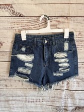 SHEIN Women's Blue Distressed High Rise Cut Off Denim Shorts Pockets Size Medium